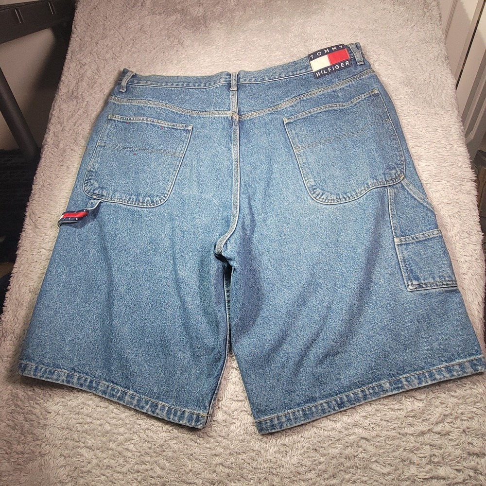 VTG 90s Tommy Hilfiger Baggy Blue Denim Flag Logo Carpenter Jorts Size 42